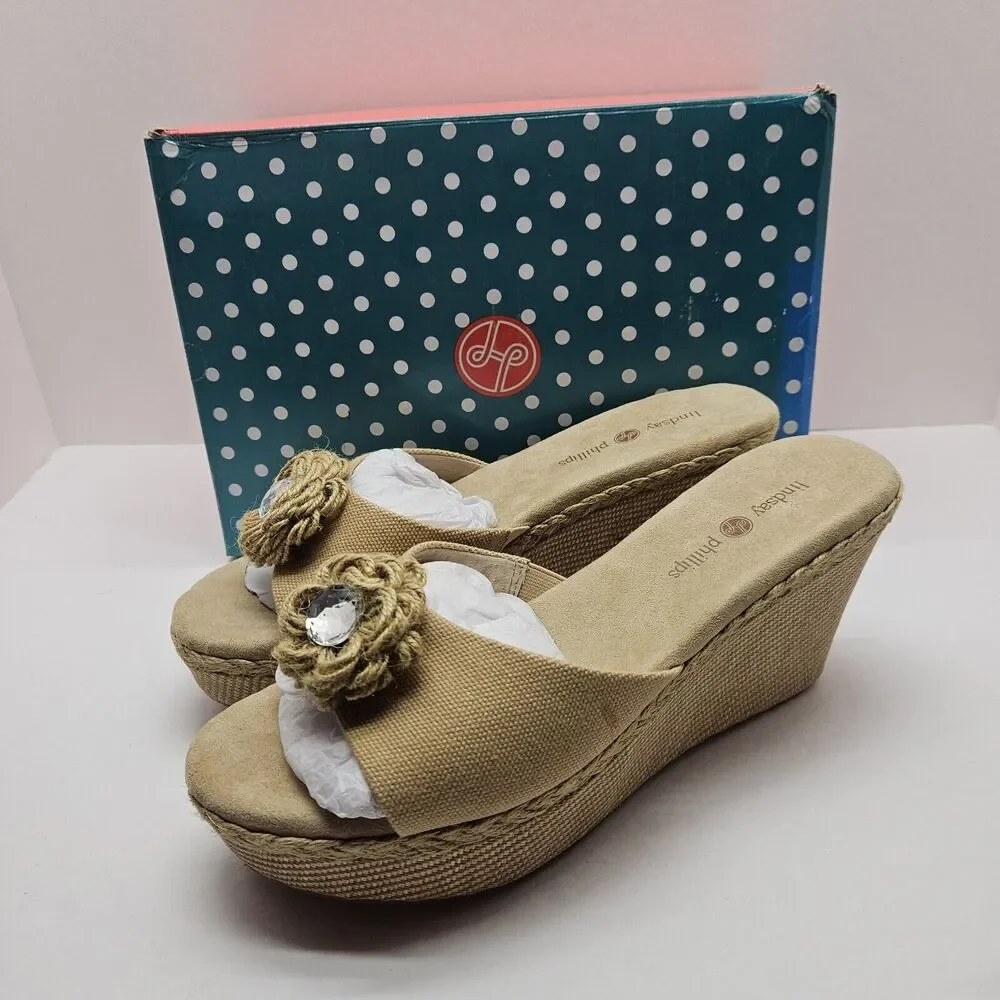 NEW Lindsay Phillips Devon light brown Wedge platform sandal size 9.5 snap shoes - Picture 1 of 8